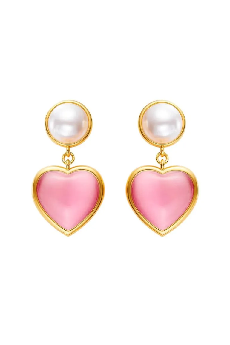 Earrings<CULT MIA DASCHA PEARL AND PINK HEART DROP EARRINGS Gold, Pearl & Pink