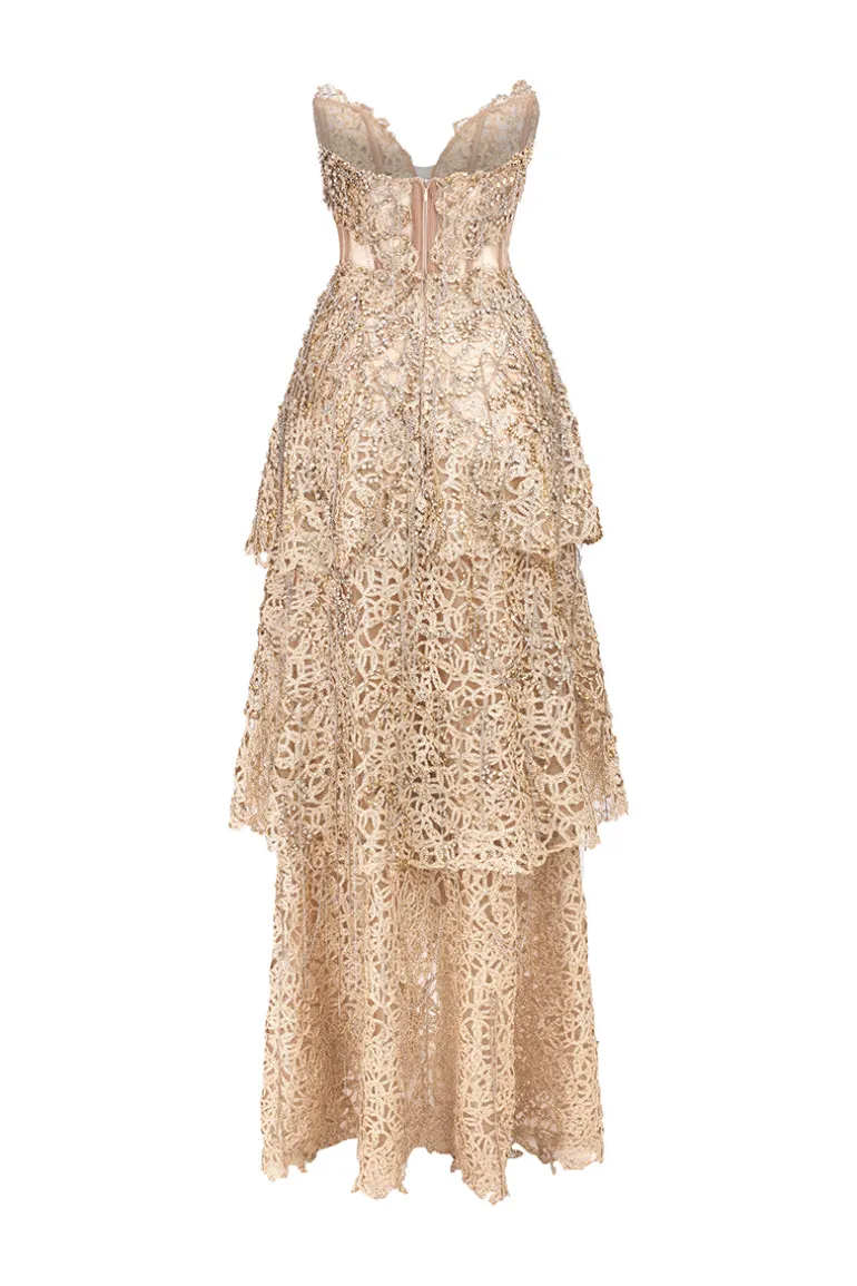 Dresses | Gowns<CULT MIA DEEP GOLD VNECK CORSET DRESS WITH METALLIC BEAD EMBROIDERY AND PLAYFUL FRINGES Brown
