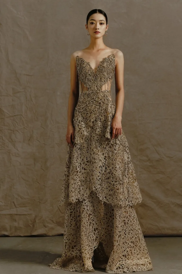 Dresses | Gowns<CULT MIA DEEP GOLD VNECK CORSET DRESS WITH METALLIC BEAD EMBROIDERY AND PLAYFUL FRINGES Brown