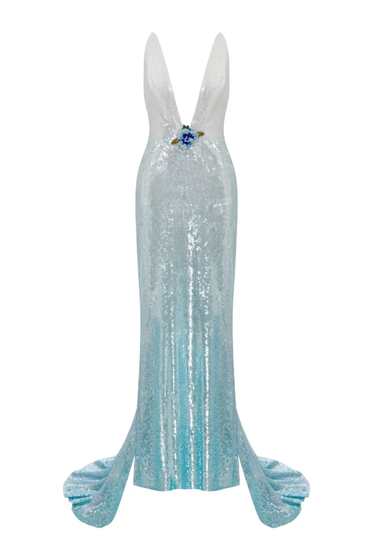 Dresses | Gowns<CULT MIA DEEP V NECK SEQUIN GOWN WITH TRAIN White to Blue Gradient