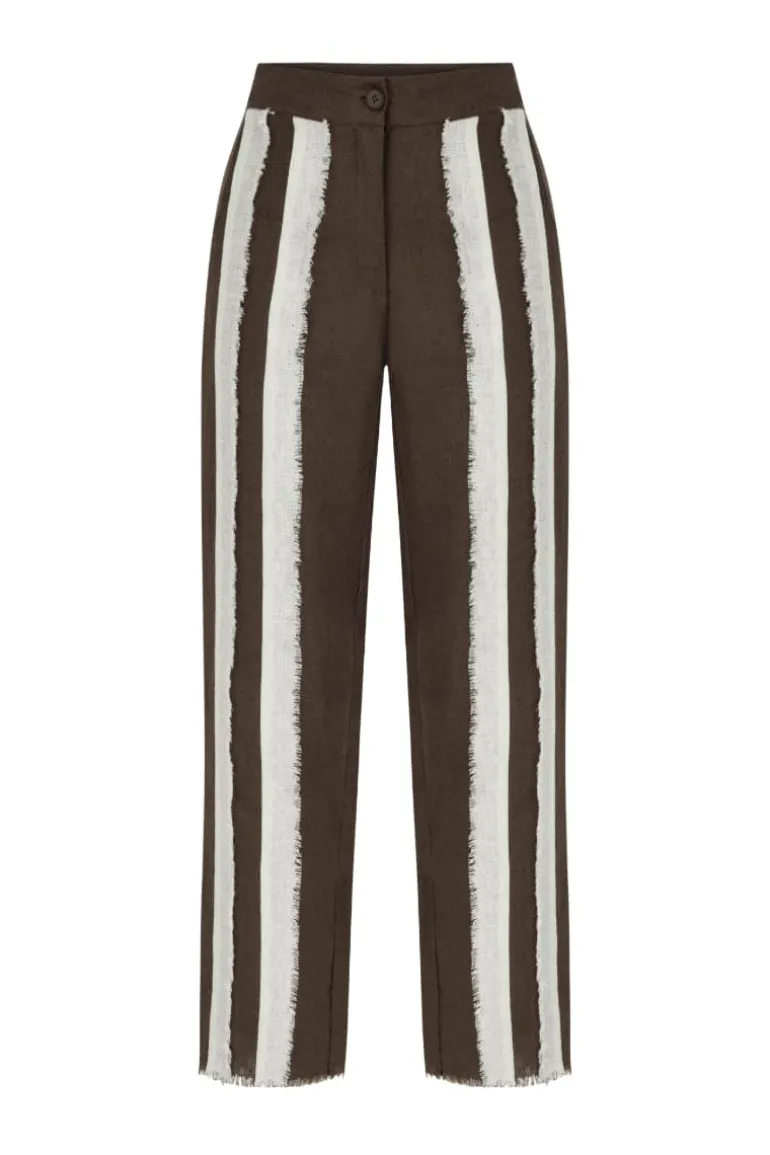 Pants<CULT MIA DELPHINE CAPPUCCINO AND WHITE LINEN FRINGE STRIPED TROUSERS Off-White and Cappuccino