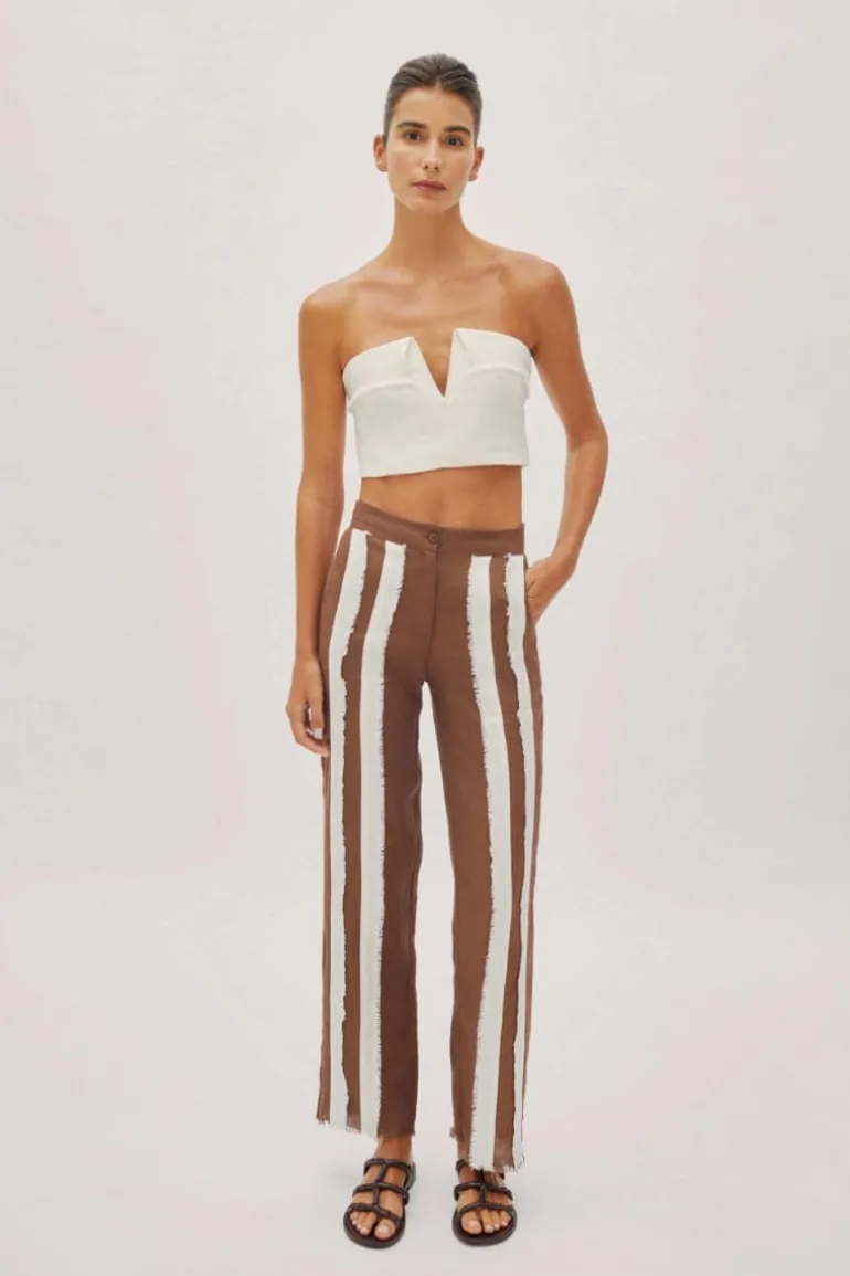 Pants<CULT MIA DELPHINE CAPPUCCINO AND WHITE LINEN FRINGE STRIPED TROUSERS Off-White and Cappuccino