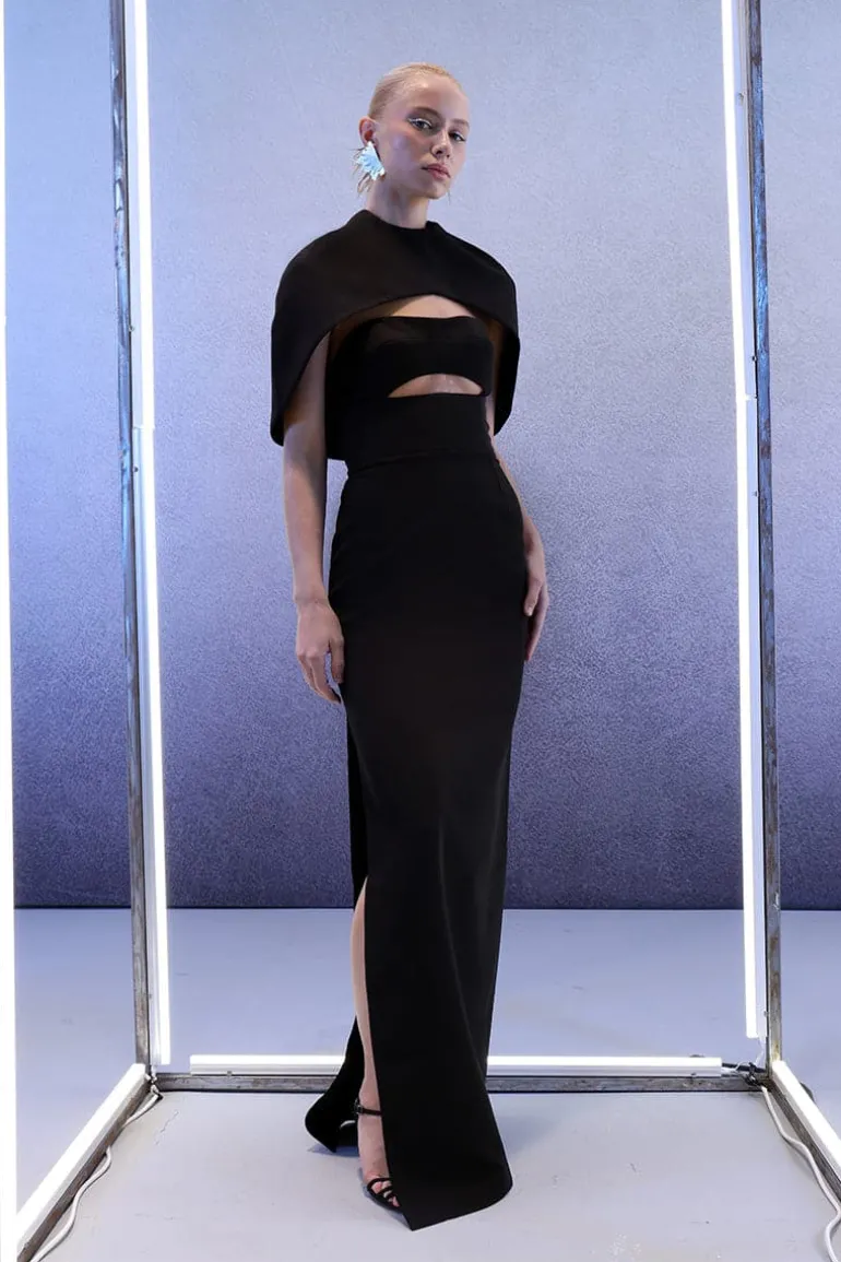 Dresses<CULT MIA DETACHABLE CROPPED CAPE MAXI DRESS Midnight Black