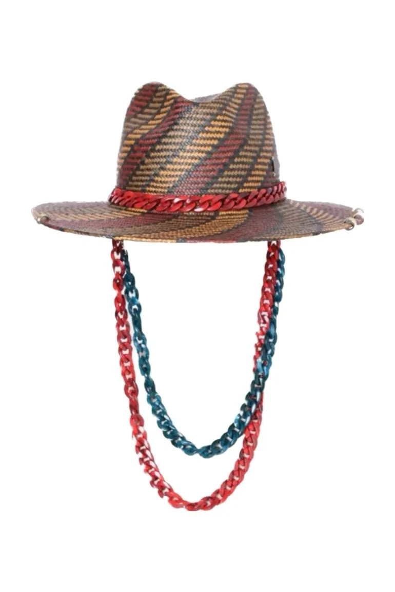 Hats<CULT MIA DOUBLE CHAIN RED AND TURQUOISE FEDORA Brown/Red
