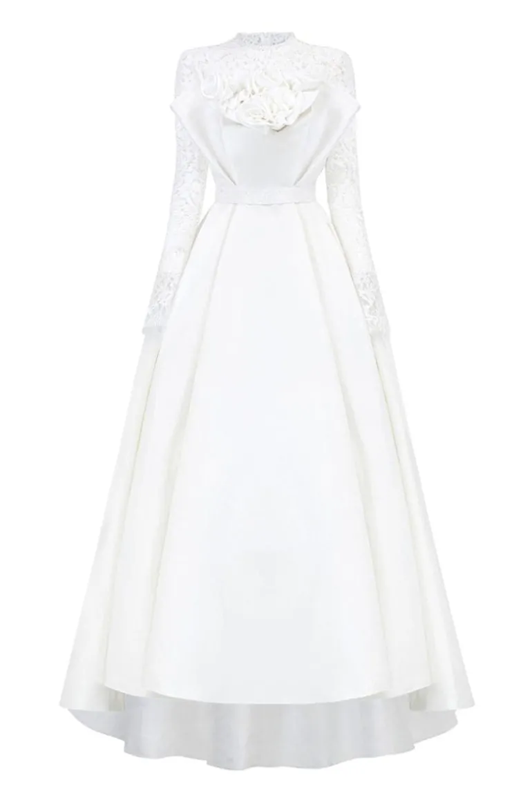 Dresses | Gowns<CULT MIA DRAPED BUSTIER TAFFETA GOWN WITH LONG LACE SLEEVES White