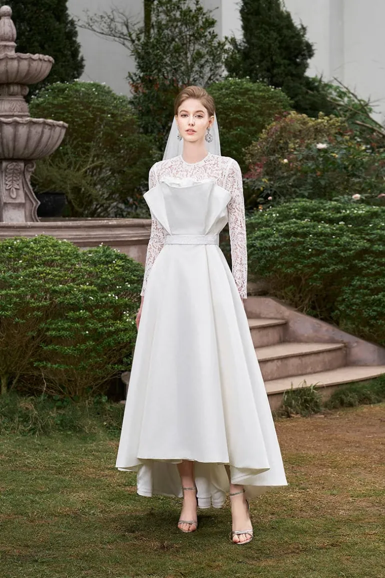 Dresses | Gowns<CULT MIA DRAPED BUSTIER TAFFETA GOWN WITH LONG LACE SLEEVES White
