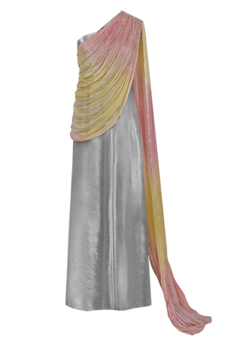Dresses | Gowns<CULT MIA DRAPED CHIFFON SEQUIN GOWN Silver-Blush Pink-Lemon