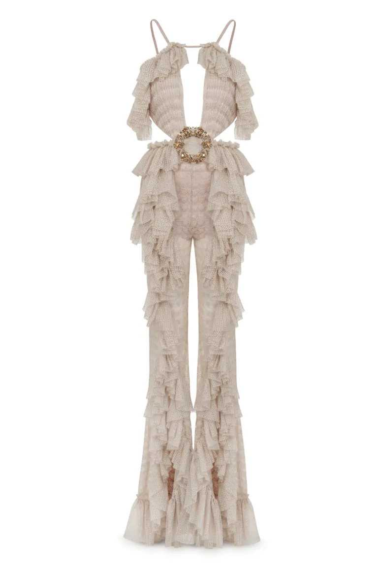 Jumpsuits<CULT MIA CUT-OUT DETAILED OPEN KNIT RUFFLE JUMPSUIT Ecru