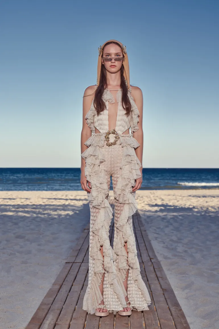 Jumpsuits<CULT MIA CUT-OUT DETAILED OPEN KNIT RUFFLE JUMPSUIT Ecru