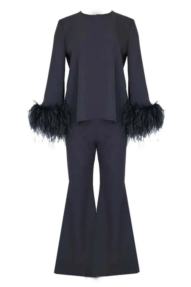 Outfit Sets<CULT MIA EMBELLISHED FEATHER RELAXED TOP AND PANTS SET Midnight black