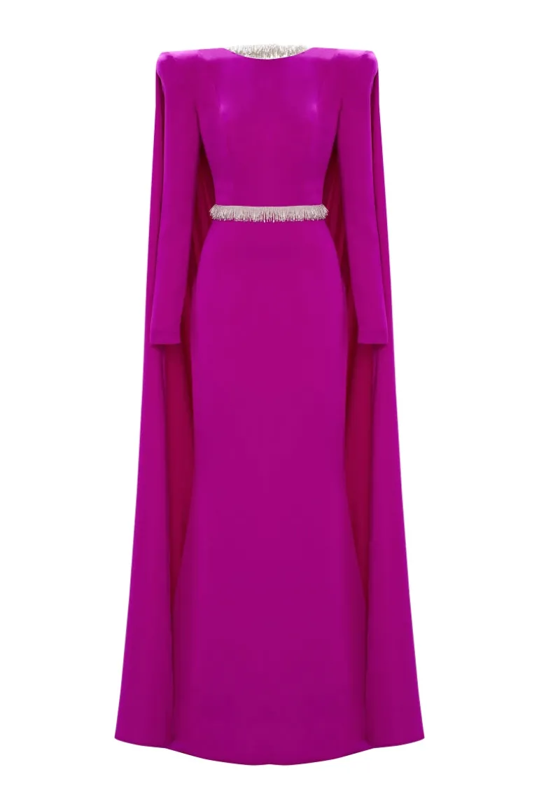 Dresses<CULT MIA EMBROIDERED BACKLESS CAPE MAXI DRESS IN PURPLE Fuchsia