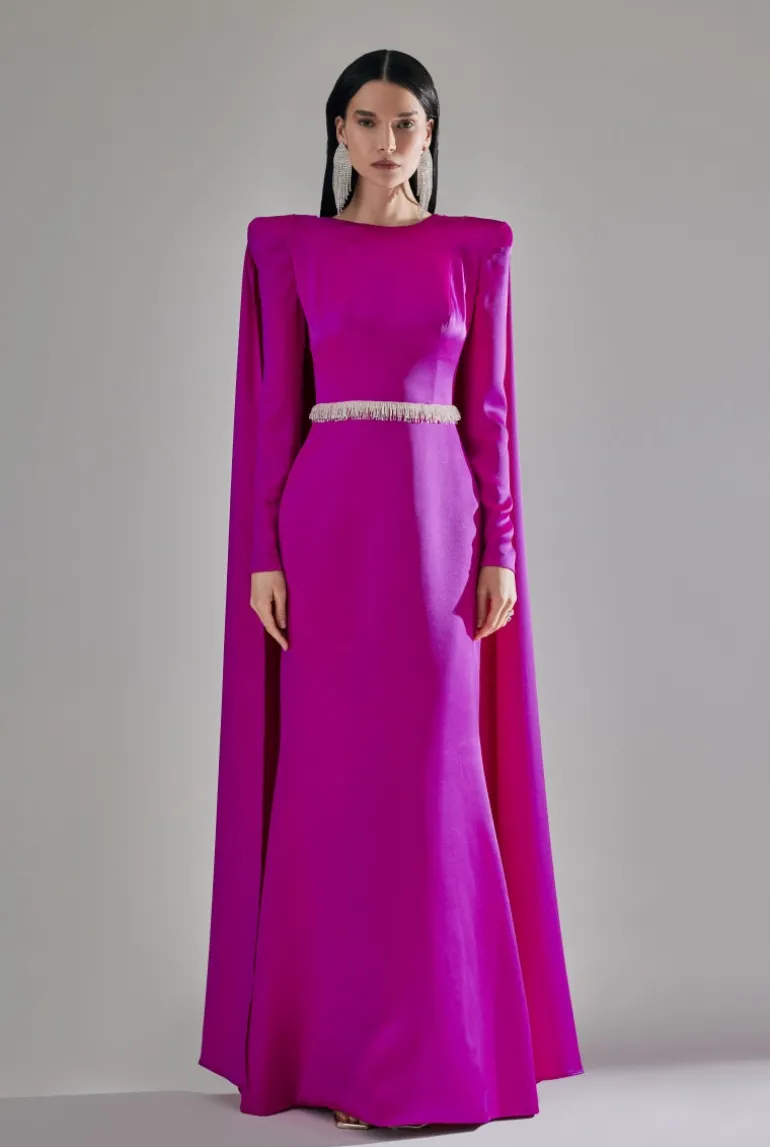 Dresses<CULT MIA EMBROIDERED BACKLESS CAPE MAXI DRESS IN PURPLE Fuchsia