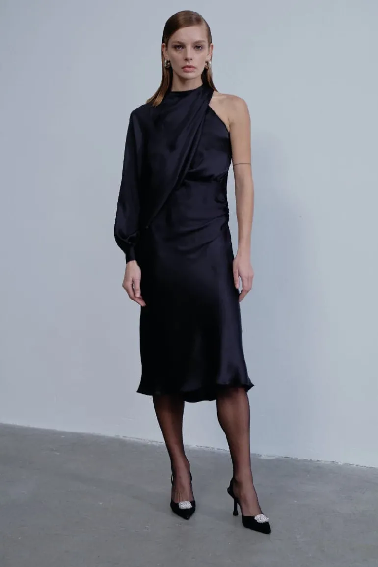 Dresses | Midi Dresses<CULT MIA EMILLIEN ASYMMETRIC SATIN MIDI DRESS Noir