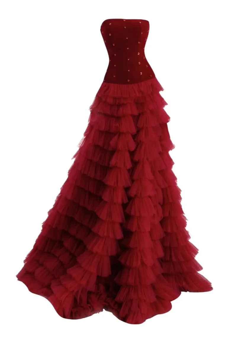 Dresses | Gowns<CULT MIA EMILY FIT AND FLARE STRAPLESS MESH GOWN Red
