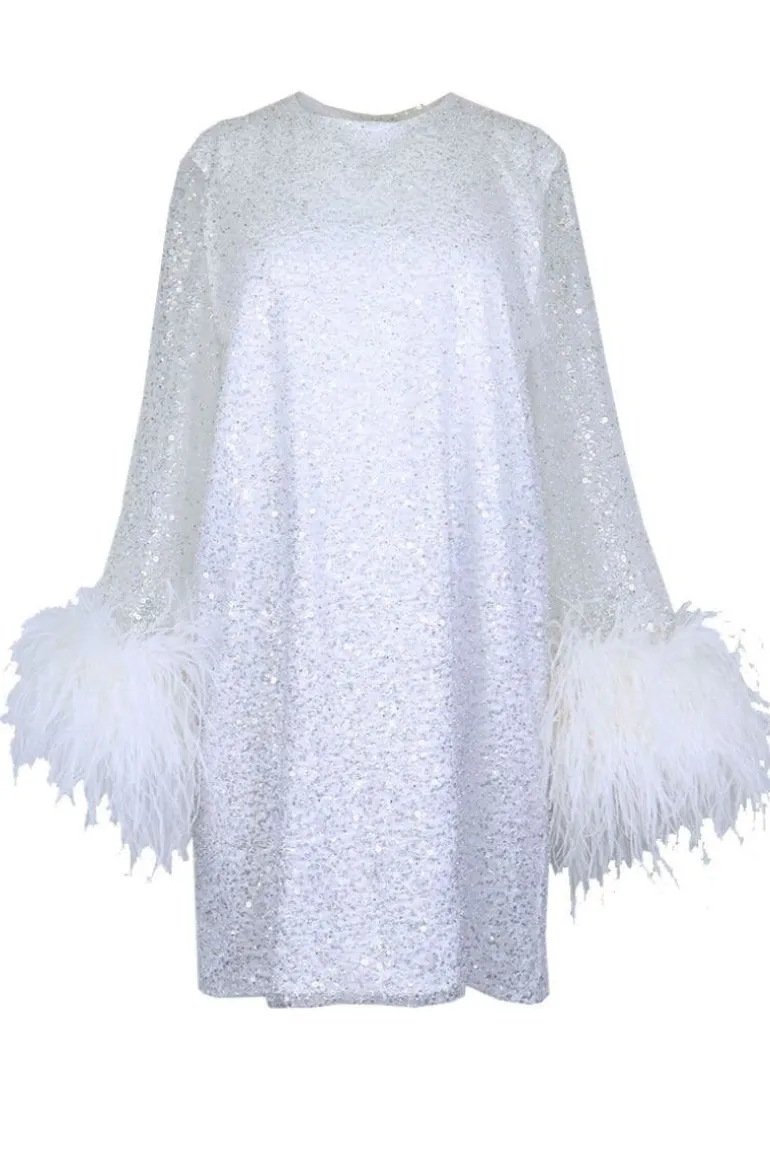 Dresses | Mini Dresses<CULT MIA ENCHANTED OMBRE SILVER TO WHITE DRESS WITH FEATHER SLEEVES White/Silver