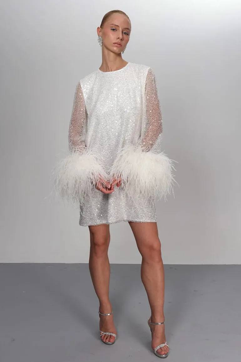 Dresses | Mini Dresses<CULT MIA ENCHANTED OMBRE SILVER TO WHITE DRESS WITH FEATHER SLEEVES White/Silver