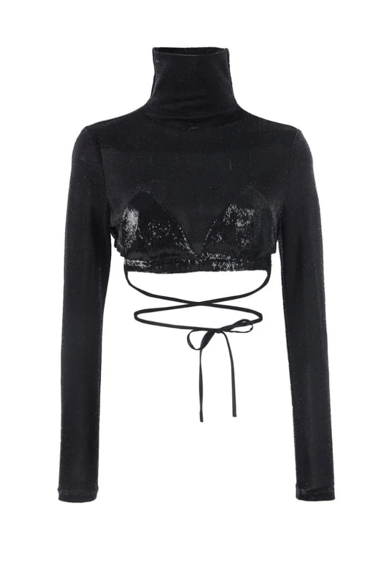 Tops<CULT MIA ERA HIGH-NECK CROP TOP Black
