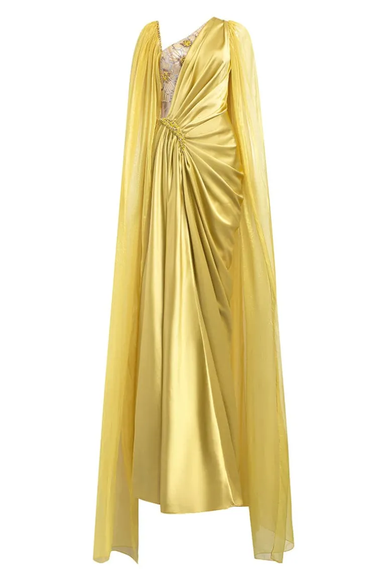 Dresses<CULT MIA ESTELLA SILK SATIN FLORAL DRESS Yellow