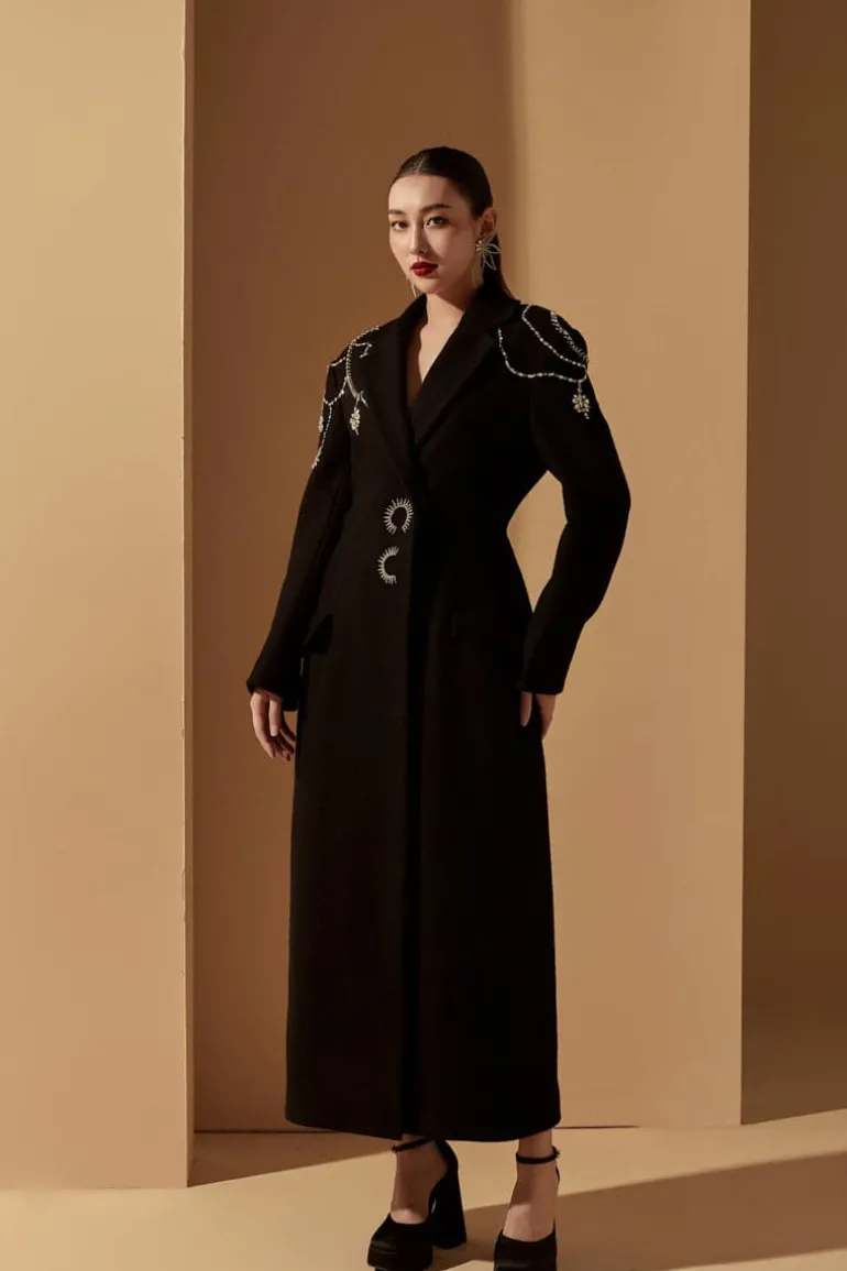 Coats<CULT MIA EVELYN FELT CRYSTAL OVERCOAT Black