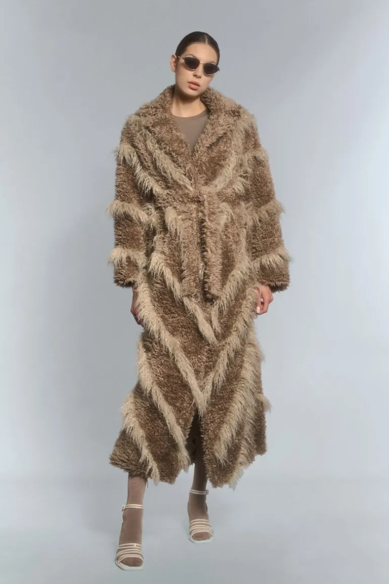 Coats<CULT MIA FAUX FUR MAXI COAT WITH DIAGONAL PANELS IN Beige