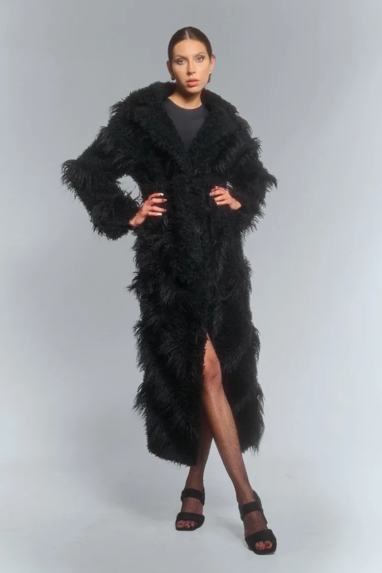 Coats<CULT MIA FAUX FUR MAXI COAT WITH DIAGONAL PANELS IN Black