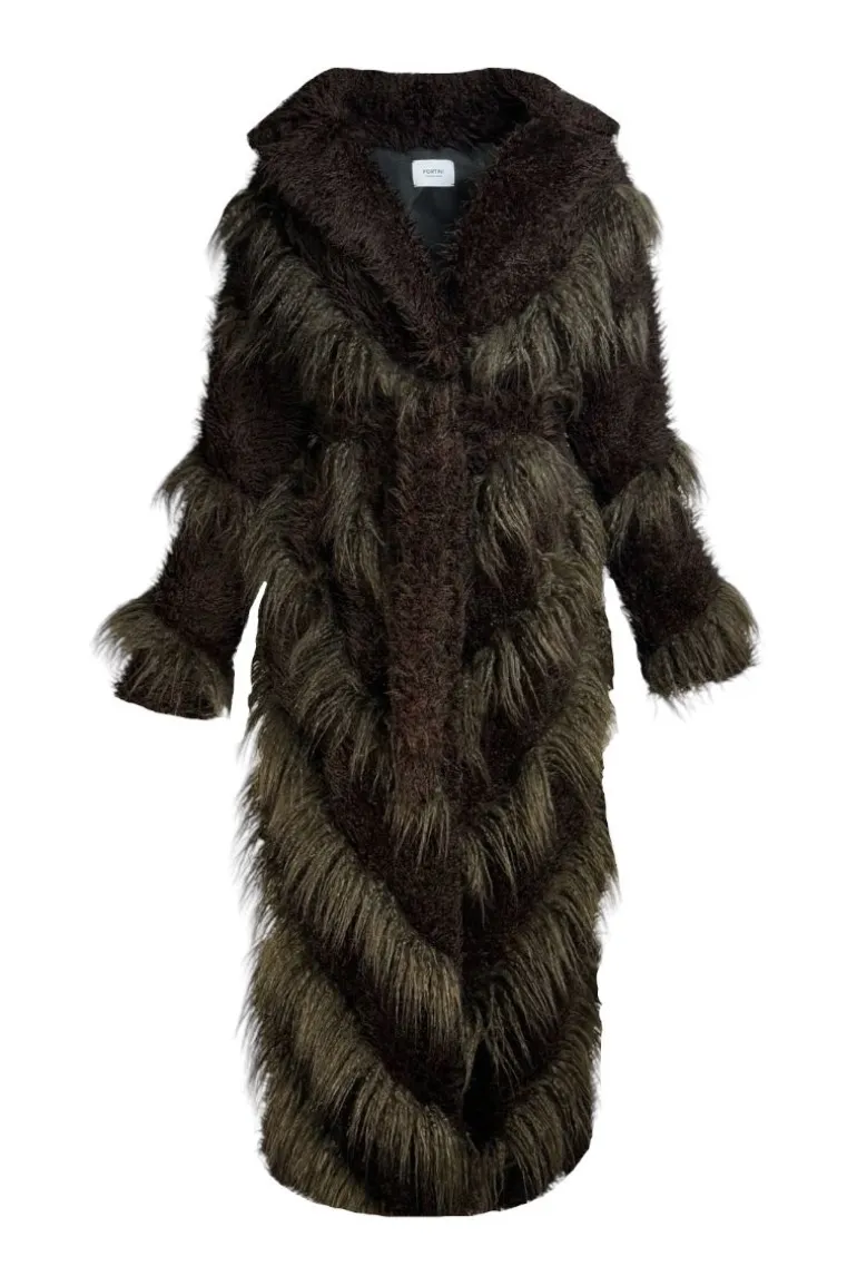 Coats<CULT MIA FAUX FUR MAXI COAT WITH DIAGONAL PANELS IN BROWN Dark brown