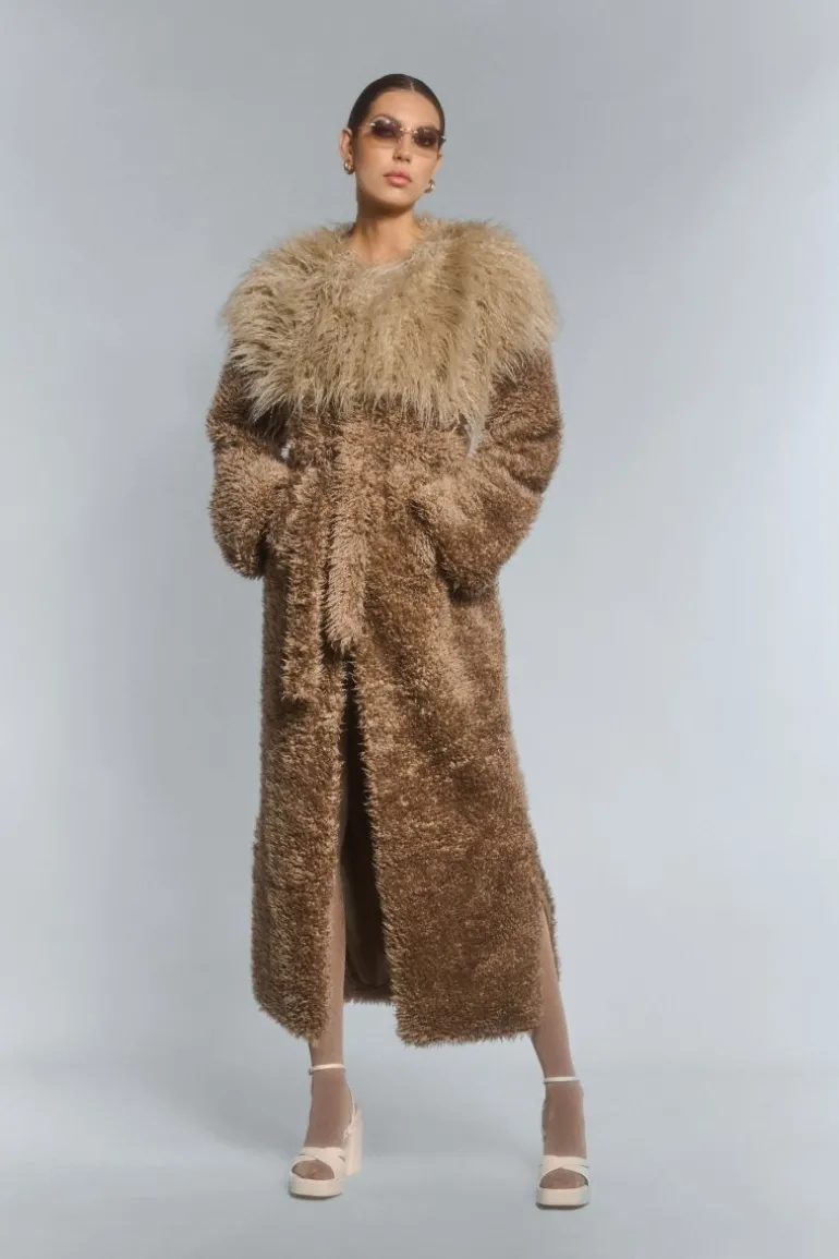 Coats<CULT MIA FAUX FUR MAXI COAT WITH FLARED SLEEVES IN Beige
