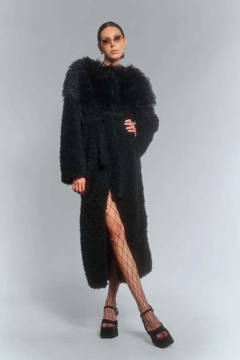 Coats<CULT MIA FAUX FUR MAXI COAT WITH FLARED SLEEVES IN Black
