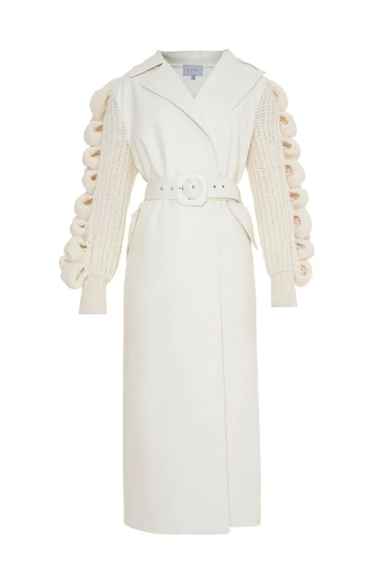 Coats<CULT MIA FAUX LEATHER WHITE COAT WITH KNITTED SLEEVES
