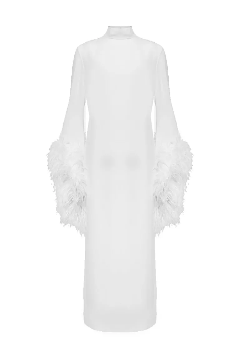 Dresses | Midi Dresses<CULT MIA FEATHER-DETAIL HALTERNECK MIDI DRESS IN Off White