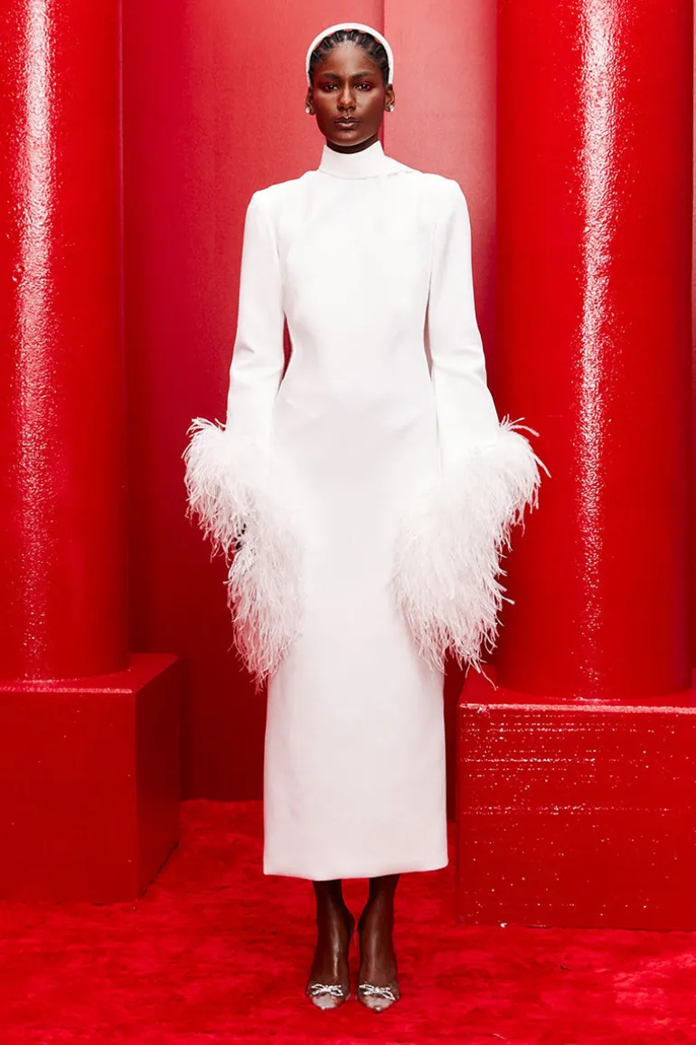 Dresses | Midi Dresses<CULT MIA FEATHER-DETAIL HALTERNECK MIDI DRESS IN Off White