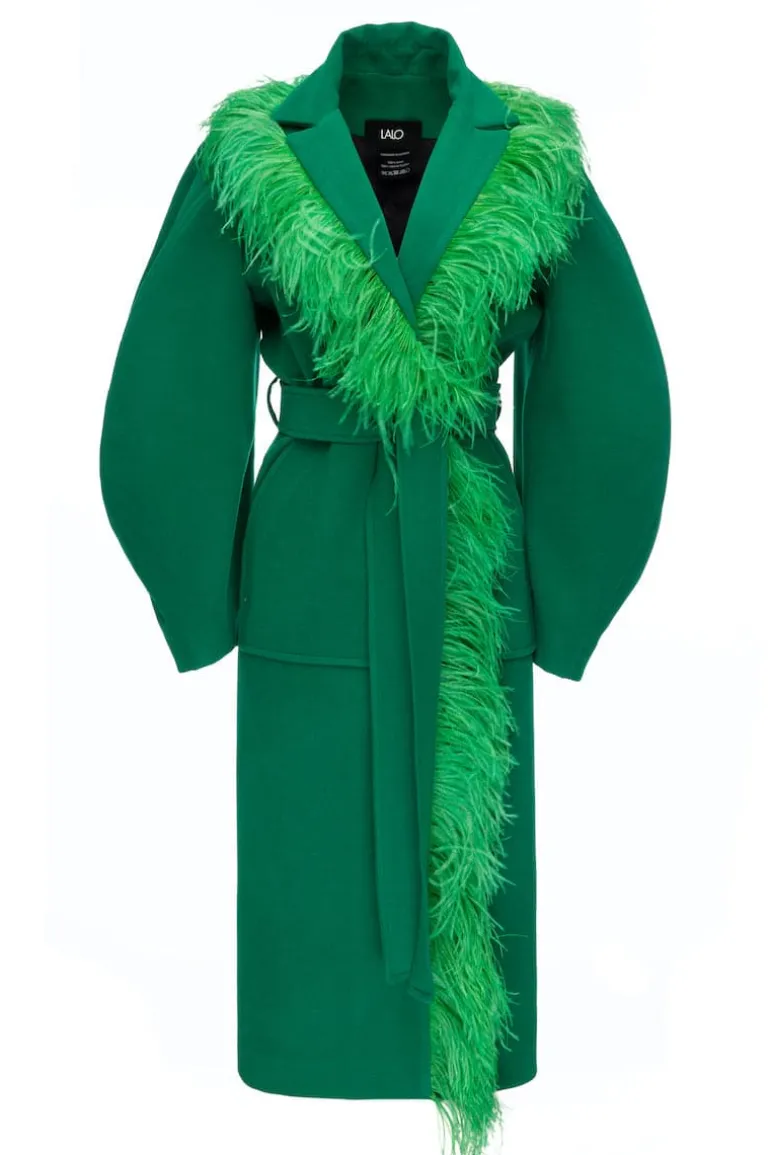 Coats<CULT MIA FEATHER-DETAILED GREEN BELTED WOOL COAT
