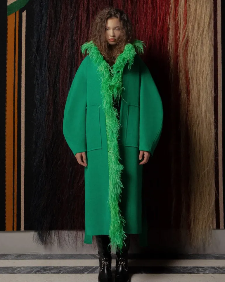 Coats<CULT MIA FEATHER-DETAILED GREEN BELTED WOOL COAT
