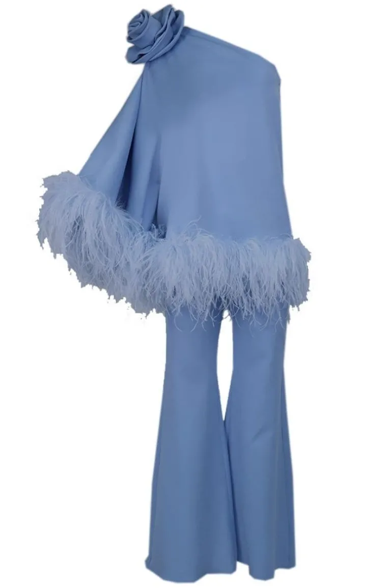 Outfit Sets<CULT MIA FEATHERED FLORAL ONE-SHOULDER TOP AND PANTS SET Baby Blue