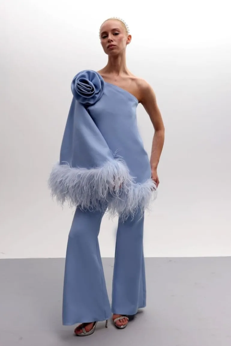 Outfit Sets<CULT MIA FEATHERED FLORAL ONE-SHOULDER TOP AND PANTS SET Baby Blue