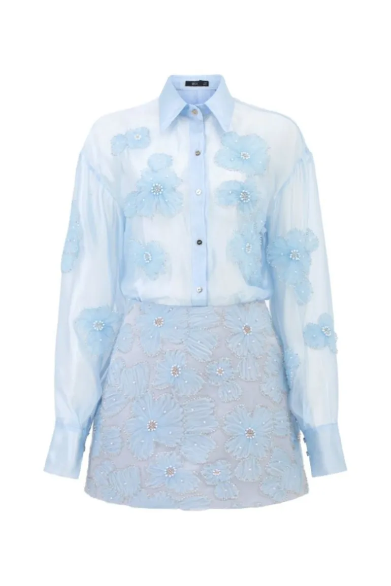 Outfit Sets<CULT MIA FELICIA SHINY SILK FLORAL SHIRT AND SKIRT SET Blue