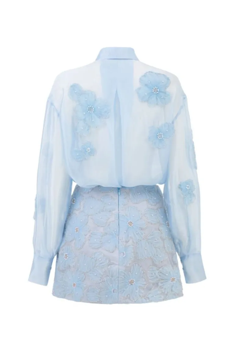 Outfit Sets<CULT MIA FELICIA SHINY SILK FLORAL SHIRT AND SKIRT SET Blue