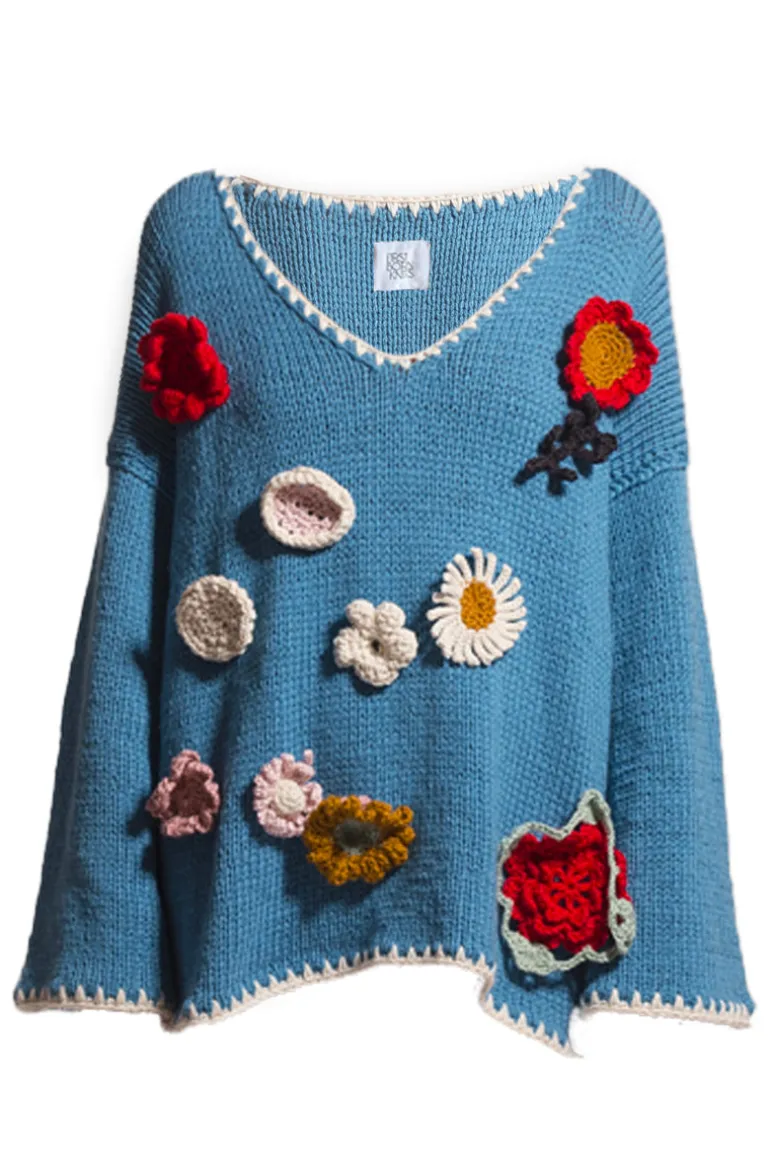 Knitwear<CULT MIA FLORA CROCHET SWEATER Taupe with Multi Coloured flowers