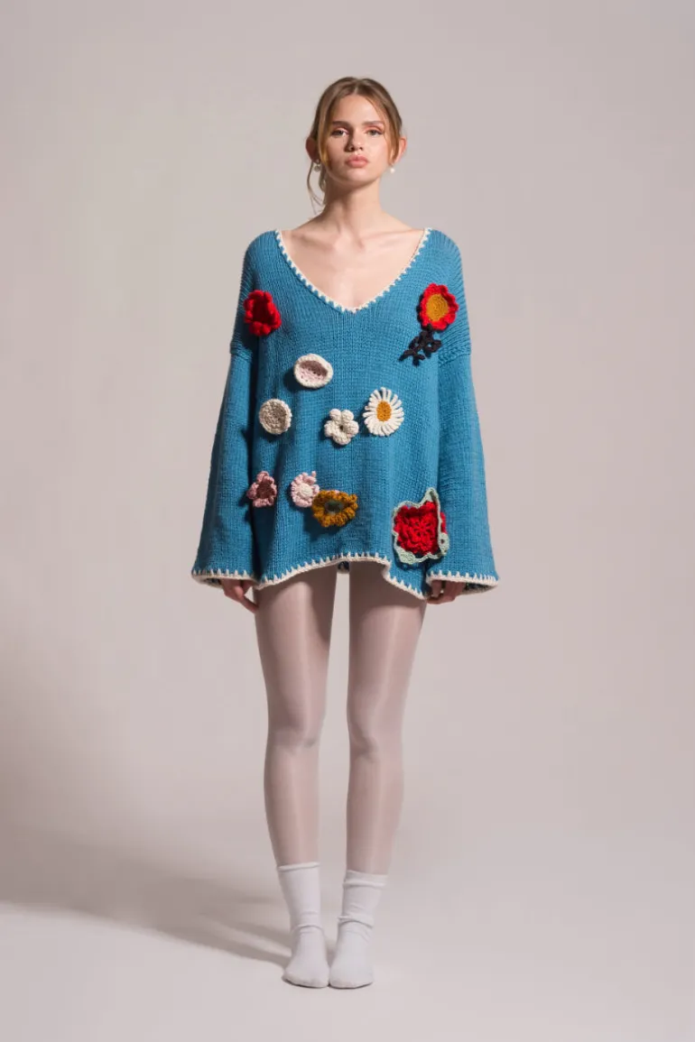 Knitwear<CULT MIA FLORA CROCHET SWEATER Taupe with Multi Coloured flowers