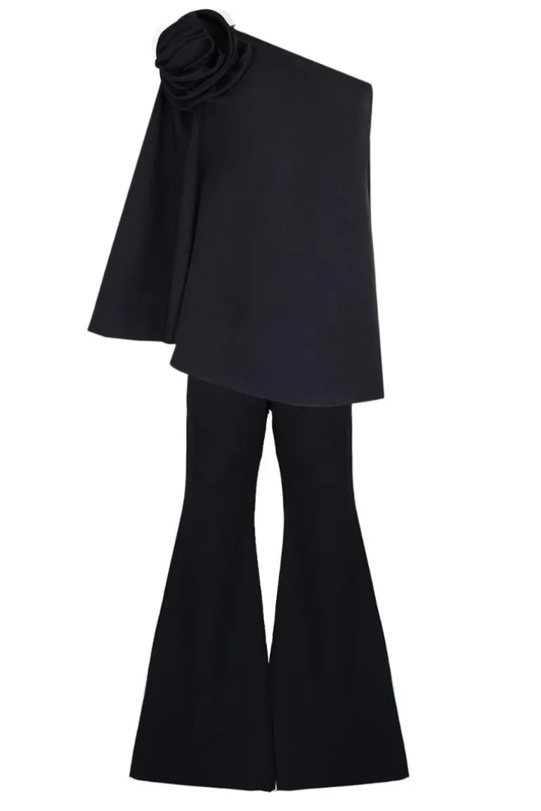 Outfit Sets<CULT MIA FLORAL ADORNED ONE-SHOULDER BLACK TOP AND PANTS SET Midnight black