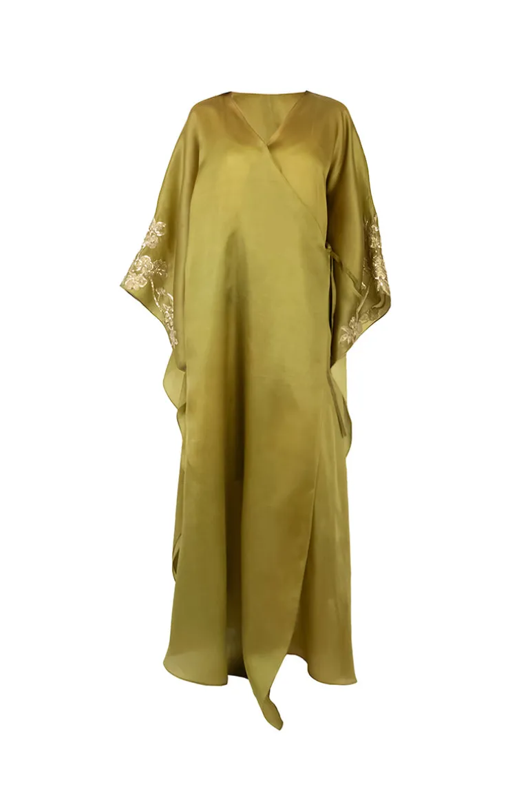 Dresses<CULT MIA FLORAL EMBROIDERED WRAP CAFTAN IN Olive Green
