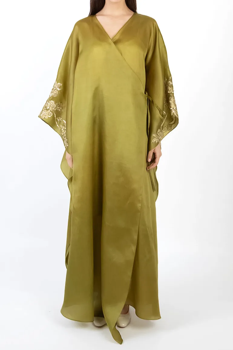 Dresses<CULT MIA FLORAL EMBROIDERED WRAP CAFTAN IN Olive Green