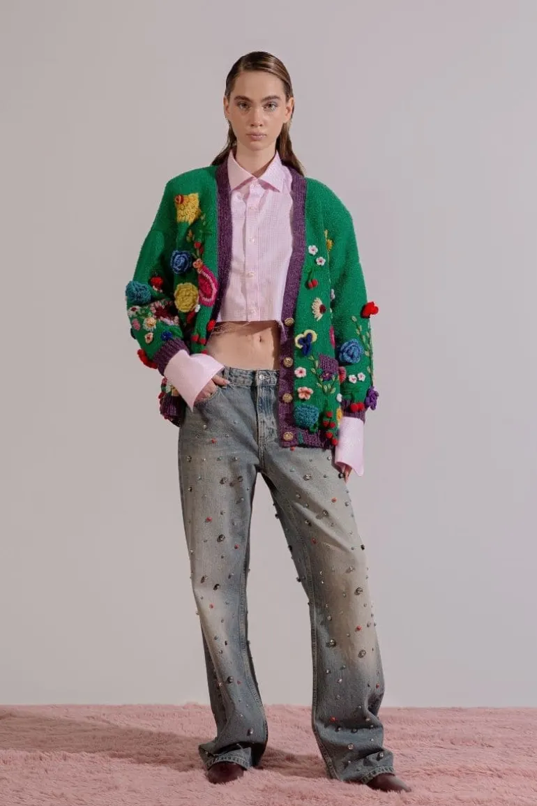 Knitwear<CULT MIA FLORIS GREEN EMBROIDERED OVERSIZED CARDI Multicolor