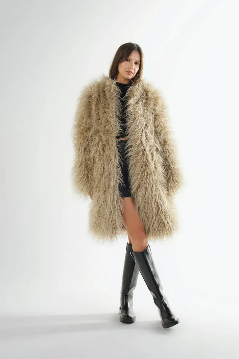 Coats<CULT MIA FLUFFY FAUX FUR COAT Beige