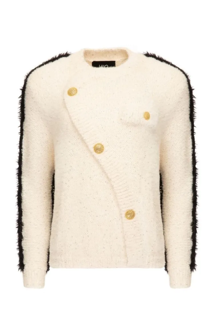 Knitwear<CULT MIA FLUFFY GOLD BUTTON WHITE SWEATER White & Black