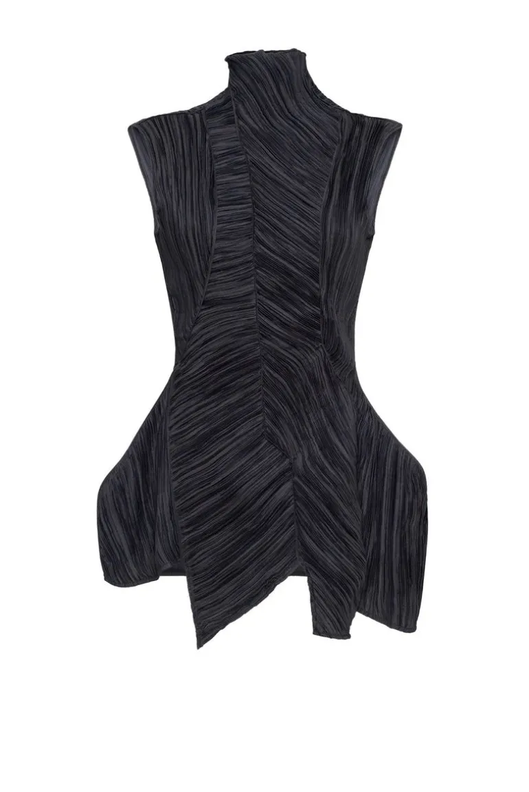 Tops<CULT MIA FRIDA HIGH NECK ASYMMETRIC PLEATED TOP Black