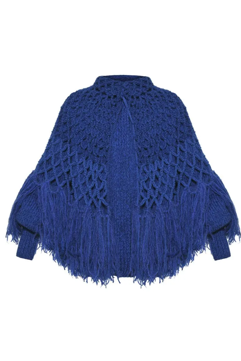 Knitwear<CULT MIA FRINGED PONCHO-STYLE CARDIGAN Blue