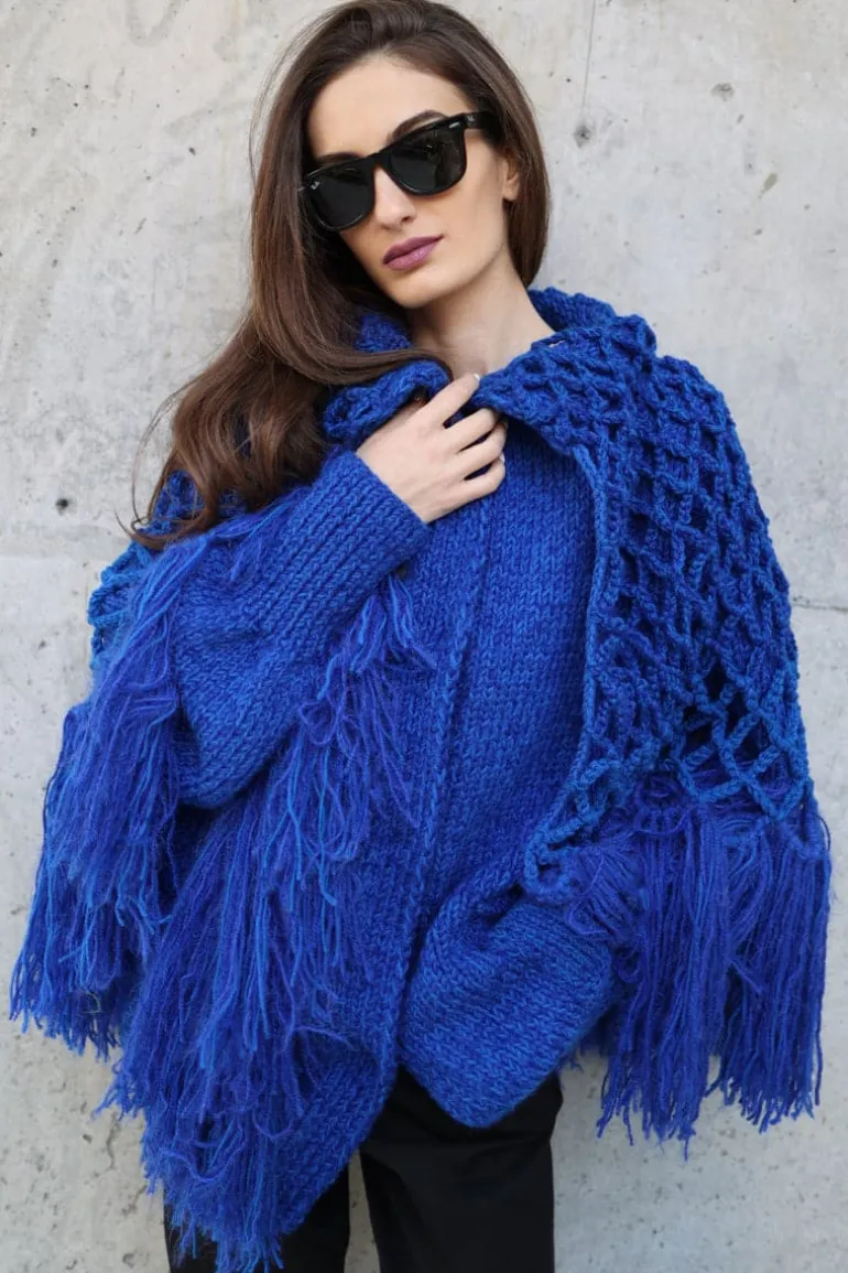 Knitwear<CULT MIA FRINGED PONCHO-STYLE CARDIGAN Blue
