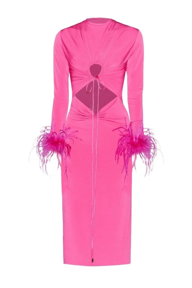 Dresses | Midi Dresses<CULT MIA GATHERING CUT OUT DRESS WITH FEATHERS Fuchsia