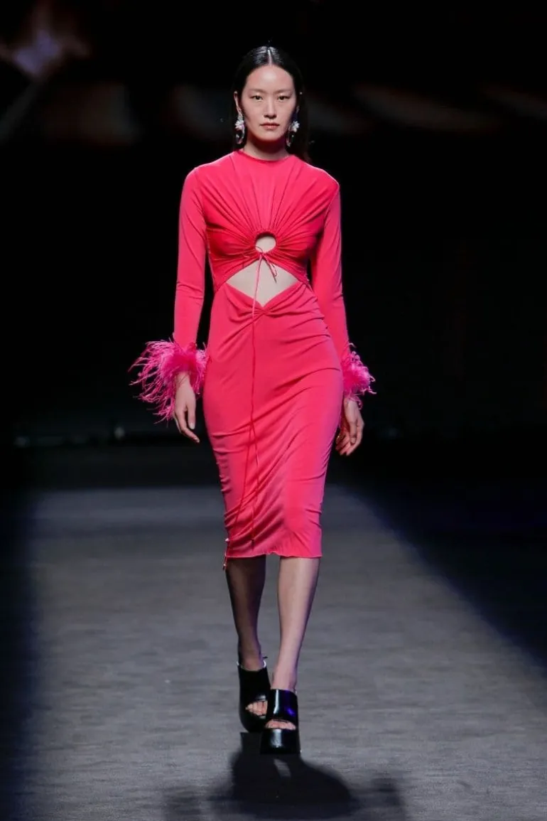 Dresses | Midi Dresses<CULT MIA GATHERING CUT OUT DRESS WITH FEATHERS Fuchsia